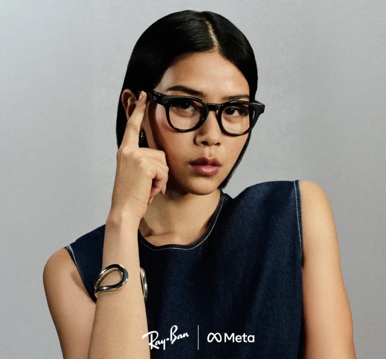 Woman wearing black Ray-Ban Meta Wayfarer Gen 2 glasses with prescription lenses